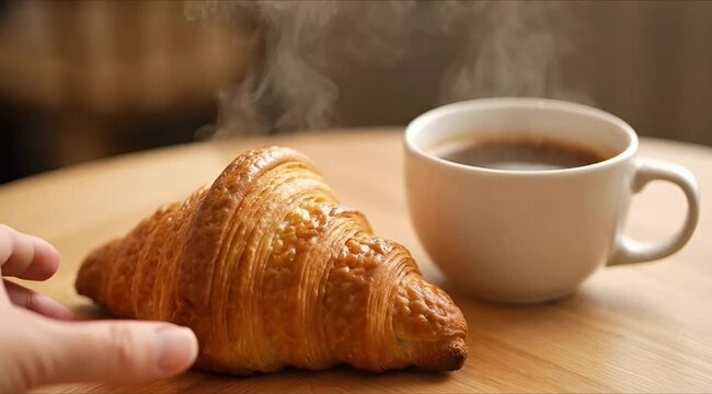 Hand reaching for a fresh warm croissant next to a steaming cup of coffee on a wooden table
