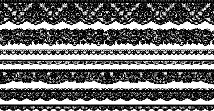 Lace pattern elements. Vintage seamless figured lace borders, beautiful wedding lace decoration. Black lace borders vector illustration set. Seamless black gorgeous stripe, delicate simple pattern