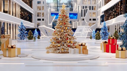 Obraz premium Luxurious modern interior with decorated Christmas tree and festive gifts