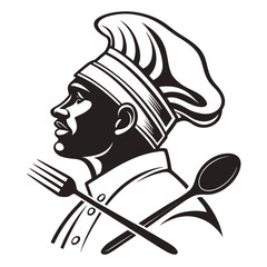 Profile portrait of professional male chef with toque and kitchen tools professional culinary portrait restaurant © Adita