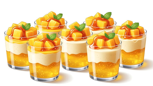 Delicious mango parfait mini cups with creamy layers and fresh mint isolated on a transparent background