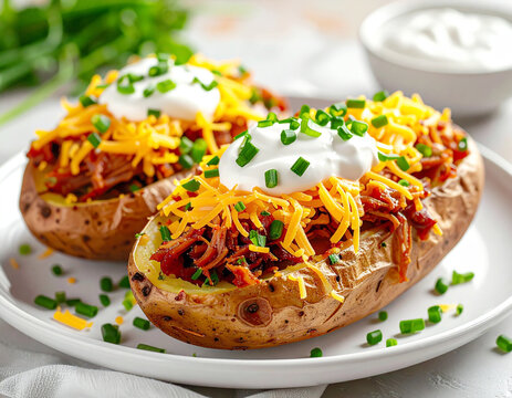Baked potato filled with BBQ pulled pork, shredded cheese, sour cream, and chives. AI
