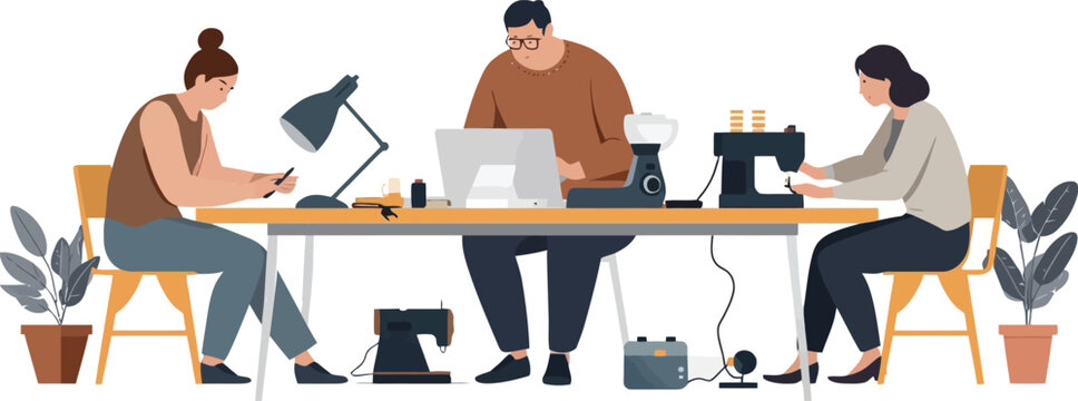 People working together at a long desk with laptops and sewing machines