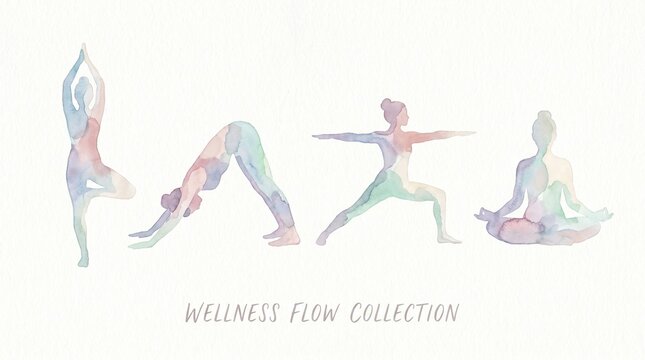Watercolor yoga poses collection in pastel colors representing wellness and balance