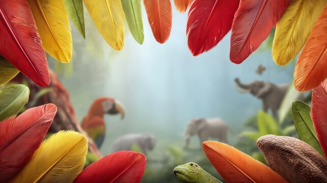 Colorful tropical feather frame with exotic jungle animals in background