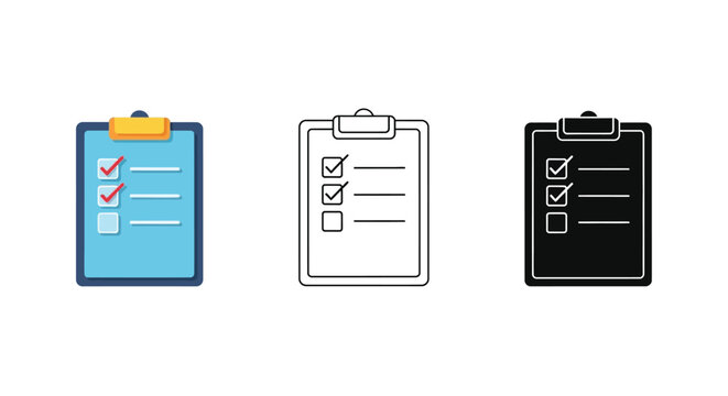 Clipboard icons with checklists in different styles and colors