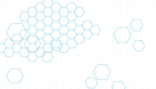 Blue neon hexagonal honeycomb grid pattern with small dots on a dark black background, for futuristic digital