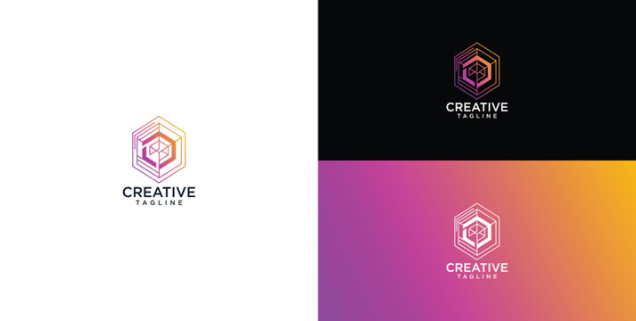 Modern abstract hexagonal logo design with vibrant gradient colors, representing innovative creativity and technological advancement for a dynamic brand identity