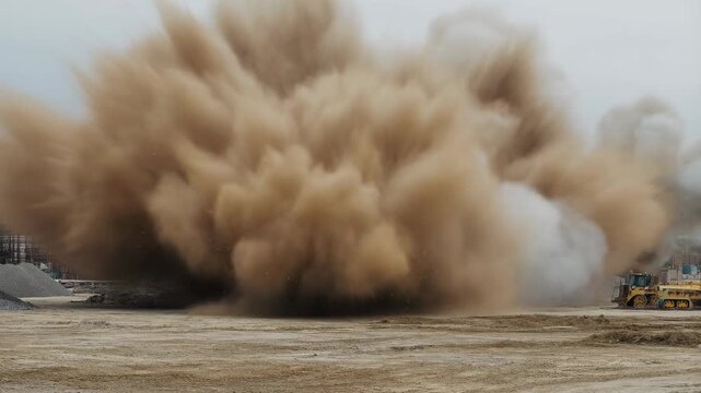 Construction site explosion with dust cloud and heavy machinery in action