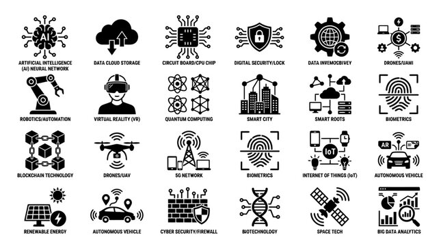 Black icons of technology and innovation.