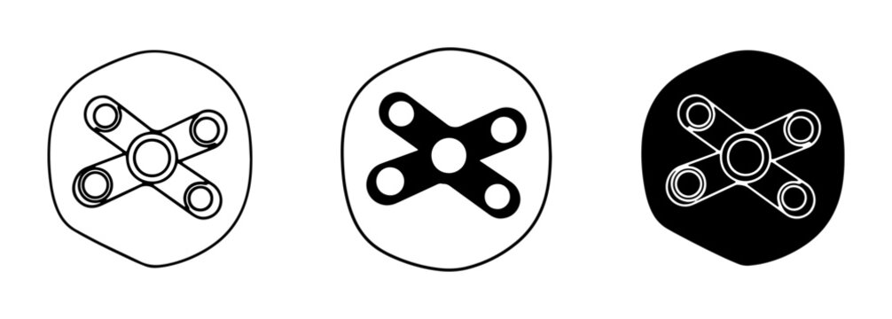 Fidget Spinner Icons, Stress Relief Toy Graphics, Three Styles: Outline, Solid Black, and White on Black Background