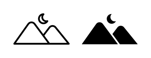 Mountain Landscape Icons, Night Sky Crescent Moon, Outline and Silhouette Vector Graphics for Nature and Travel Themes © MdArif