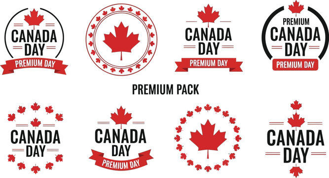 Happy canada day vector pack premium badges maple leaf designs and patriotic emblems for celebrations