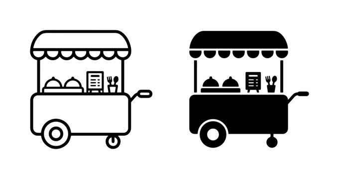 Food Cart Icons, Street Food Stall Vector Graphics, Mobile Kitchen Stand Illustrations, Outdoor Cafe Design Elements