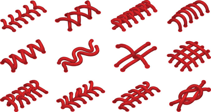 Red 3D Isometric Baseball Laces and Medical Stitches Icon Set for Sports App UI Surgical Equipment Graphics and Athletic Team Branding Designs