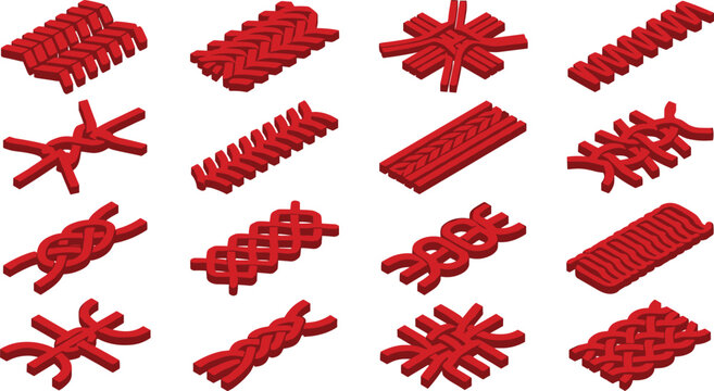 Red 3D Isometric Laces and Knots Icon Set with Shoelaces Stitches and Rope Tie Elements for Sports App UI and Fashion Graphic Designs