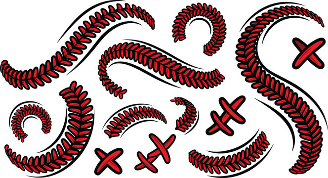 Red and Black Baseball Laces and Curved Softball Stitches Graphic Element Set for Dynamic Sports Branding Athletic Uniform Patterns and Team Logo Designs