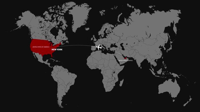 Animated flight route from Dubai, UAE to New York, USA. International air travel, tourism, aviation, logistics, and business trip concept with destination markers.