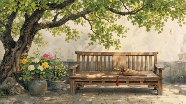 Wooden bench under a tree with flowers and a parasol in a serene garden setting