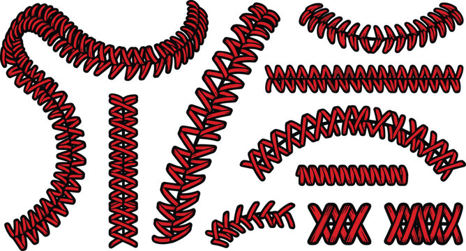Red Baseball Laces and Softball Stitches Vector Elements Set for Sports Apparel Graphic Designs Custom Ball Patterns and Athletic Team Brandings