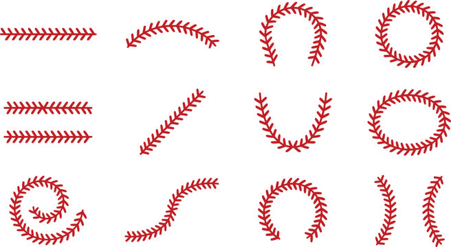 Red Baseball Stitching Borders and Curved Sports Lacing Elements Vector Pack with Circle Spiral Oval and Straight Line Seams Shapes