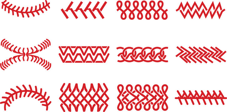 Red Baseball Laces and Decorative Softball Stitches Vector Border Set for Sports Apparel Graphic Patterns and Athletic Team Merchandise Logo Designs