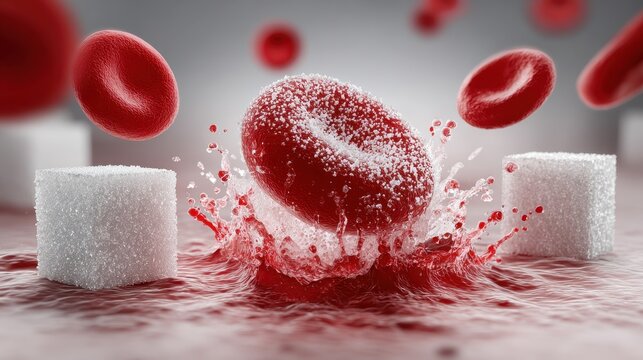 Red blood cells splashing in sugary liquid with sugar cubes representing high glucose levels