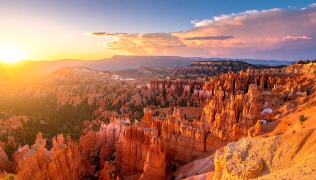 A breathtaking panoramic view of hoodoos at sunrise