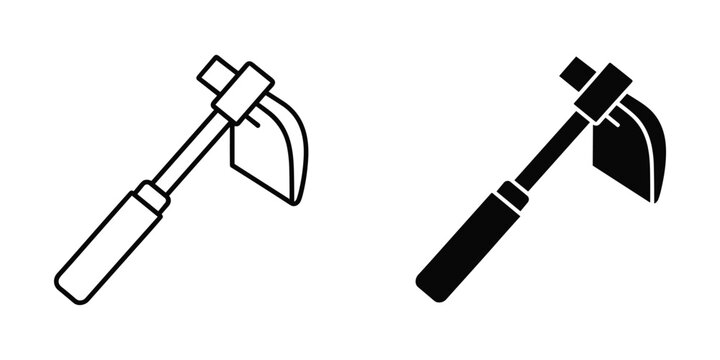 Gardening Hoe Tool Outline and Solid Icon Set for Agricultural or Yard Work Concepts
