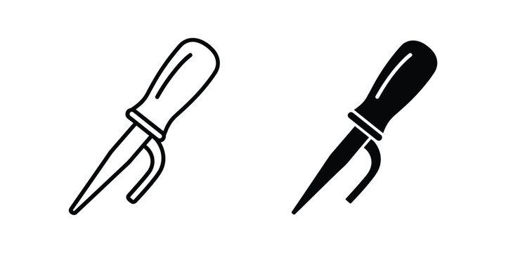 Gardening tool line art and silhouette for soil cultivation and weeding isolated on white background
