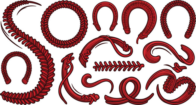 Swirling Baseball Laces and Curved Softball Stitches Vector Element Set for Sports Flourish Logos Athletic Dynamic Accents and Team Identity Print Designs