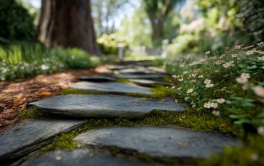 Fototapeta premium Closeup of an Overgrown Stone Pathway in a Lush Garden Setting