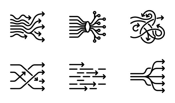 Flowchart Arrows Vector Icons: Convergence, Divergence, Complexity, and Organization Concepts