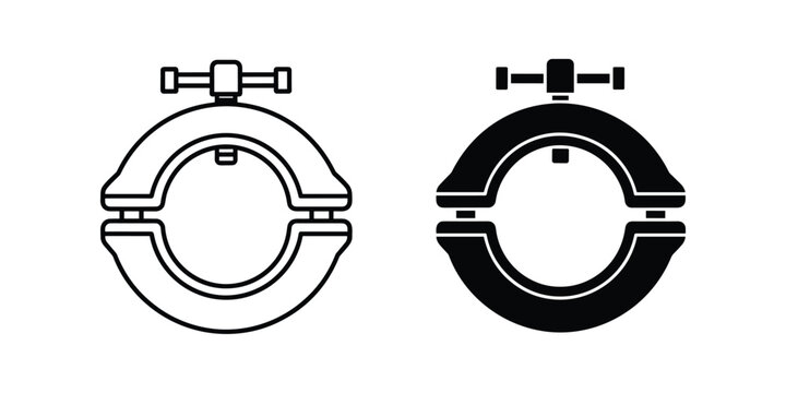 Two simple graphic icons depicting a pipe clamp one outline and one solid fill isolated on white background