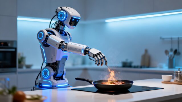 Robot cooking steak in kitchen