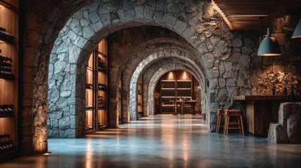 Fototapeta premium Stone archway corridor with wooden wine rack shelving in cellar room lighting