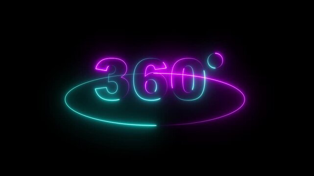 Glowing Neon 360 degree circle rotate icon animation on black background.