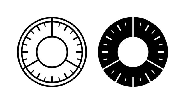 Circular Gauge Icons, Measurement Dial Vectors, Precision Indicator Graphics. Set of two radial progress meter symbols, black and white line art.