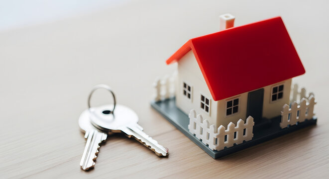 Toy house model with red roof and white fence | Silver keys for new home ownership | Real estate market and property investment | Mortgage loan symbol | Residential housing rental concept
