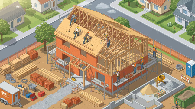 Isometric view of house construction site with workers building framework