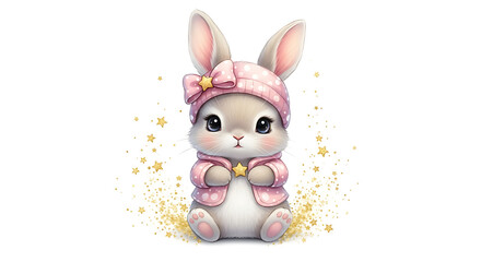 Fototapeta premium Cute fantasy baby bunny in pink robe with sparkles isolated on a transparent background, fantasy sparkles