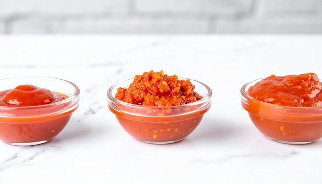 Three small glass bowls filled with different red sauces, arranged in a row on a white surface. The sauces appear to be ketchup, chili paste, and tomato sauce.