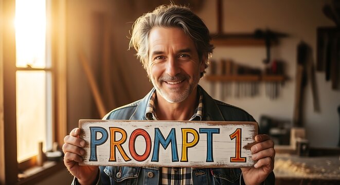 Smiling Man Holding Colorful Sign.