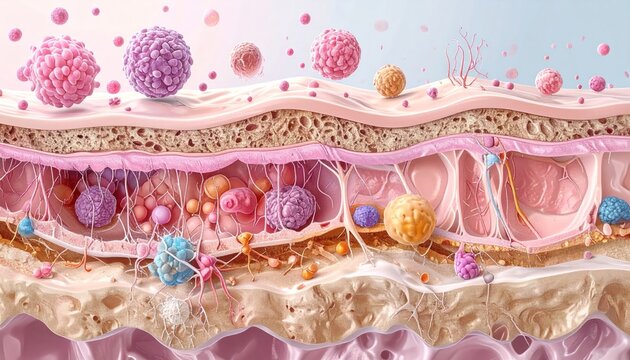 Abstract 3D Microscopic View of Skin Layers with Cells and Molecules