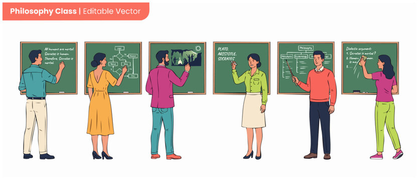 Philosophy class vector cartoon illustration with diverse teachers presenting lessons on chalkboards representing educational logic, ethics, metaphysics, and classical Greek philosophical theories.