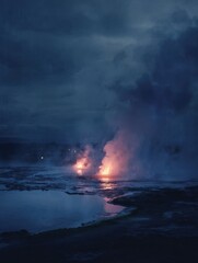 Fototapeta premium Freshly baked rye bread and butter at an Icelandic hot spring, surrounded by geothermal steam in the atmospheric dusk.