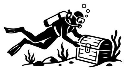 Scuba diver exploring underwater treasure chest near sea plants in graphic vector style © Wera