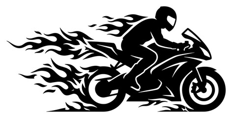 Motorcyclist riding sport bike with fire flames in dynamic silhouette style © Wera