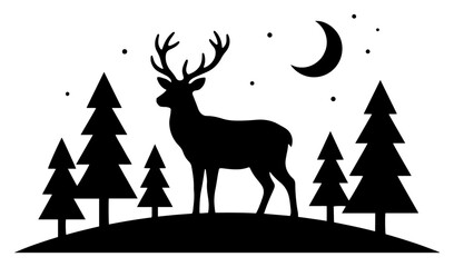 Deer standing in pine forest under night sky with moon in minimalist silhouette style © Wera