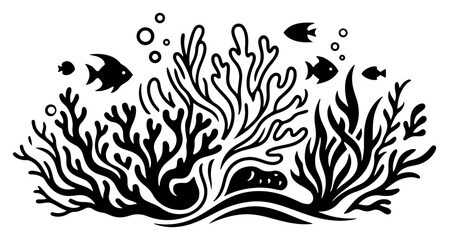 Coral reef with underwater plants and swimming fish in minimalist stencil style © Wera